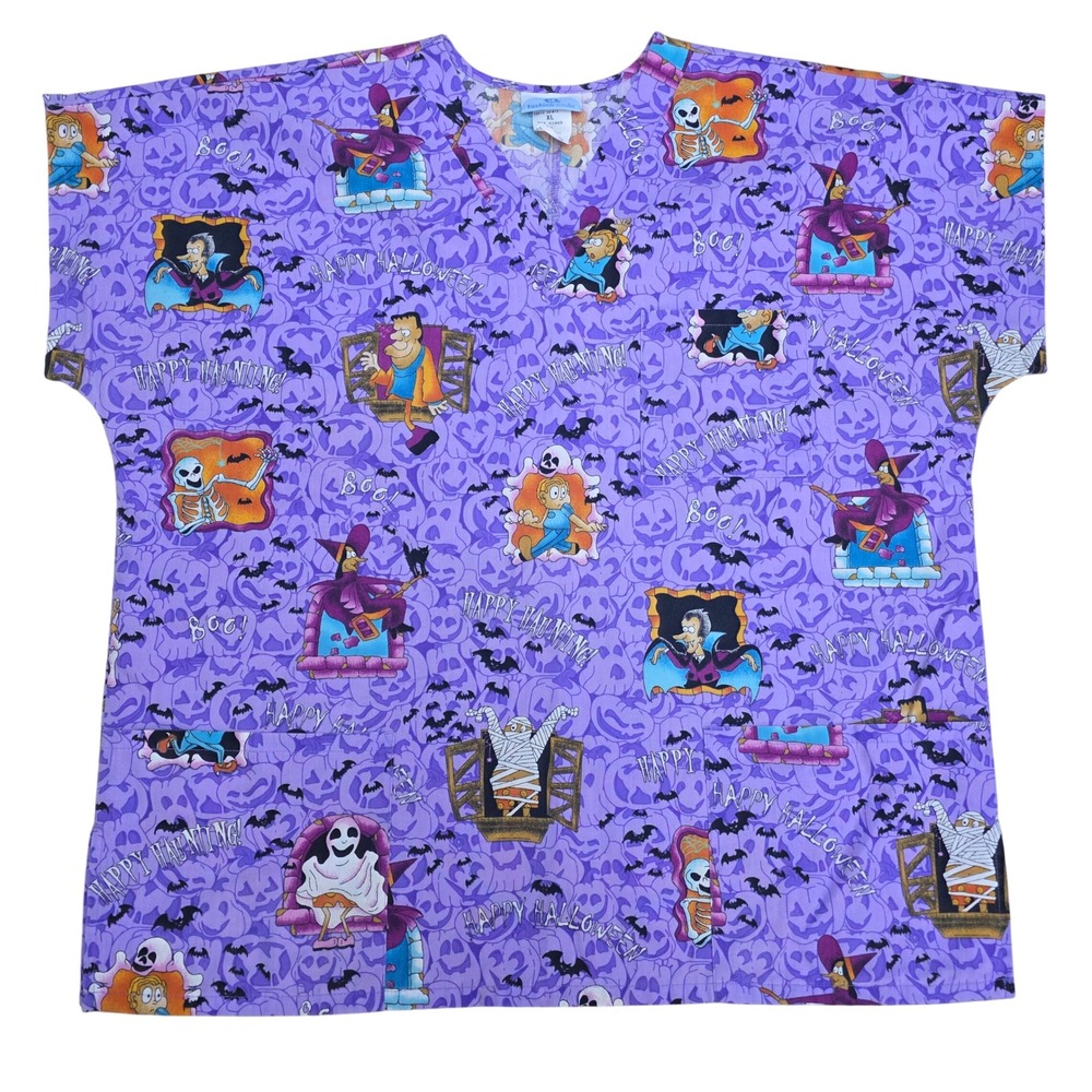 Vintage‎ Fashion Scrubs Halloween Print Purple Scrub Top Women's XL